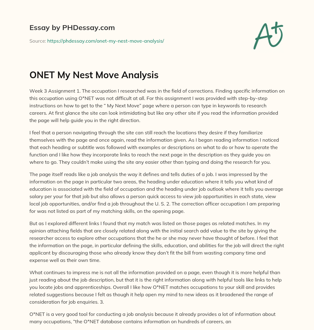 ONET My Nest Move Analysis essay