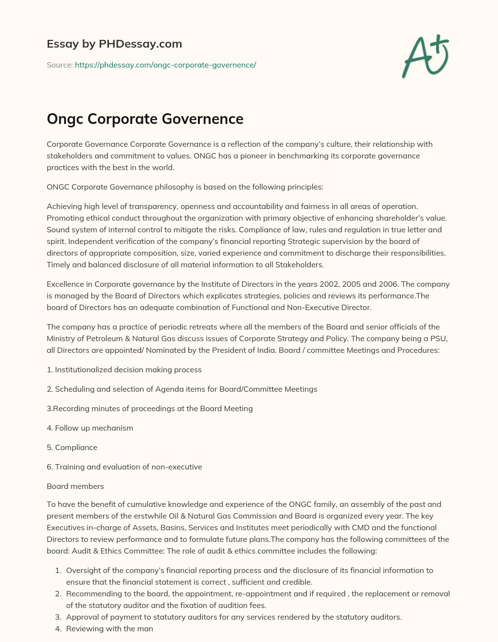 Ongc Corporate Governence essay