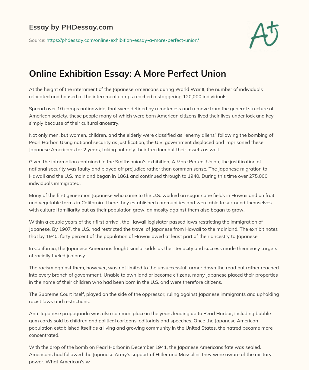 Online Exhibition Essay: A More Perfect Union essay