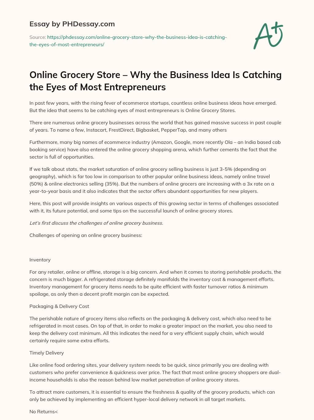 Online Grocery Store – Why the Business Idea Is Catching the Eyes of Most Entrepreneurs essay