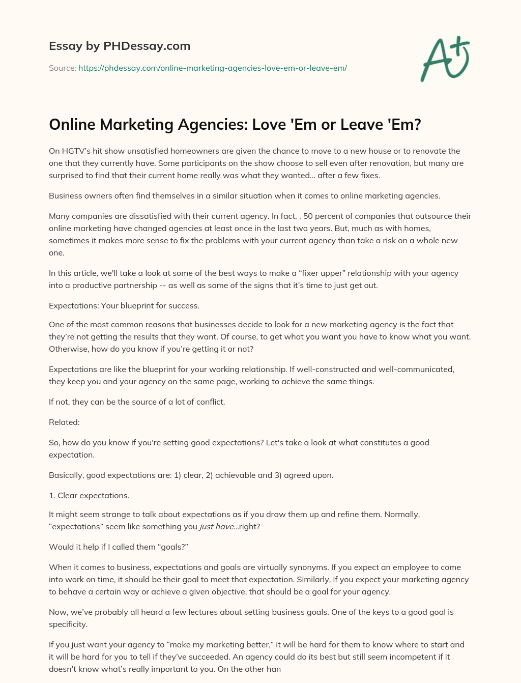 Online Marketing Agencies: Love ‘Em or Leave ‘Em? essay