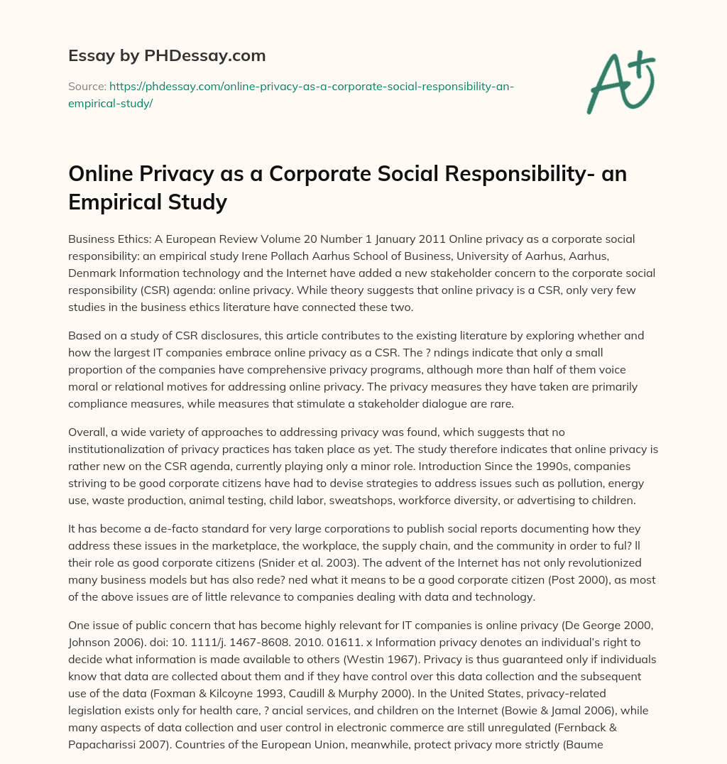 Online Privacy as a Corporate Social Responsibility- an Empirical Study essay