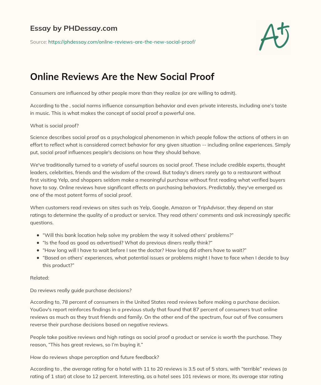 Online Reviews Are the New Social Proof essay