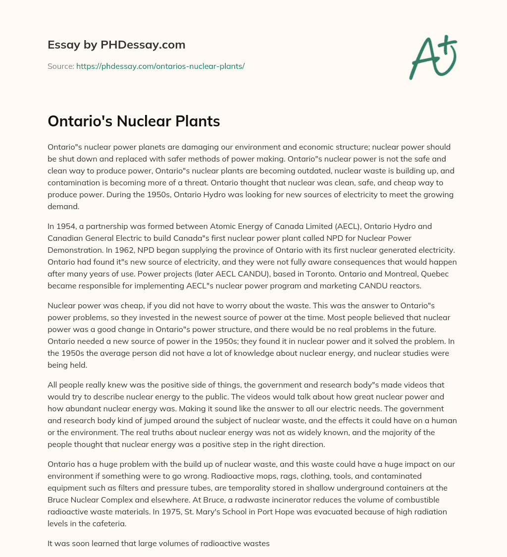 Ontario’s Nuclear Plants essay