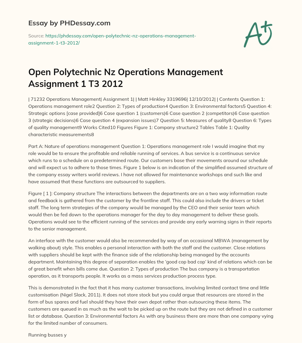 Open Polytechnic Nz Operations Management Assignment 1 T3 2012 essay