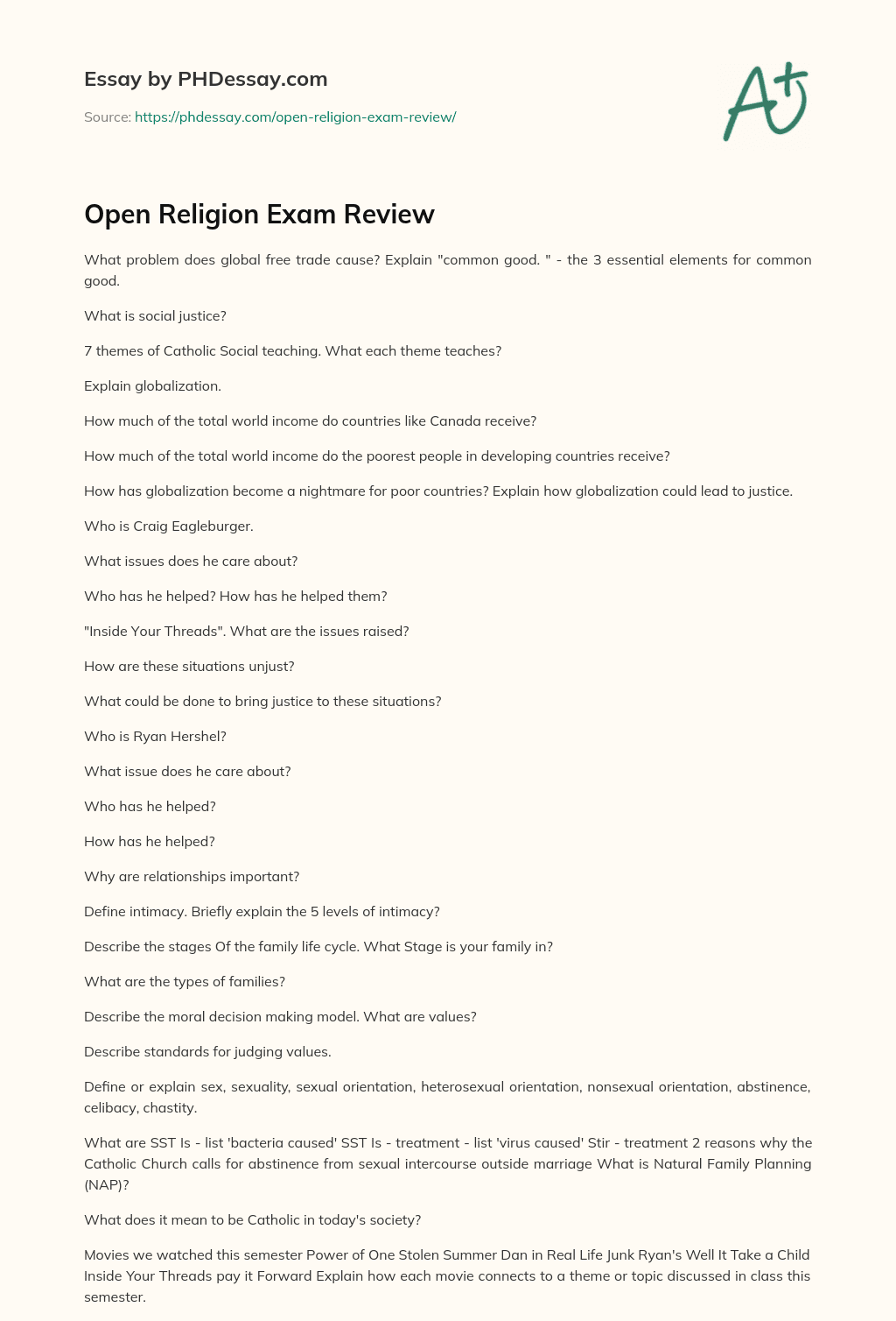 Open Religion Exam Review essay