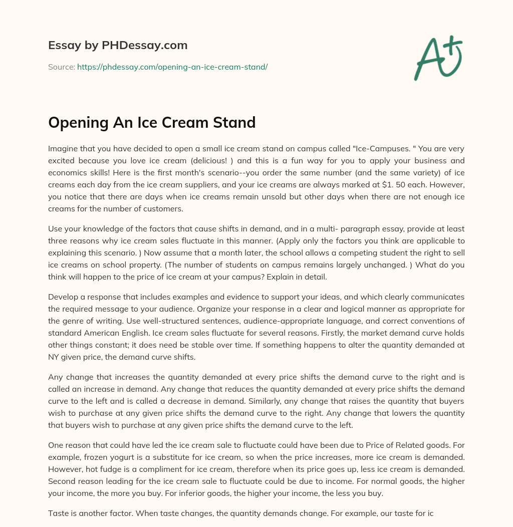 Opening An Ice Cream Stand essay
