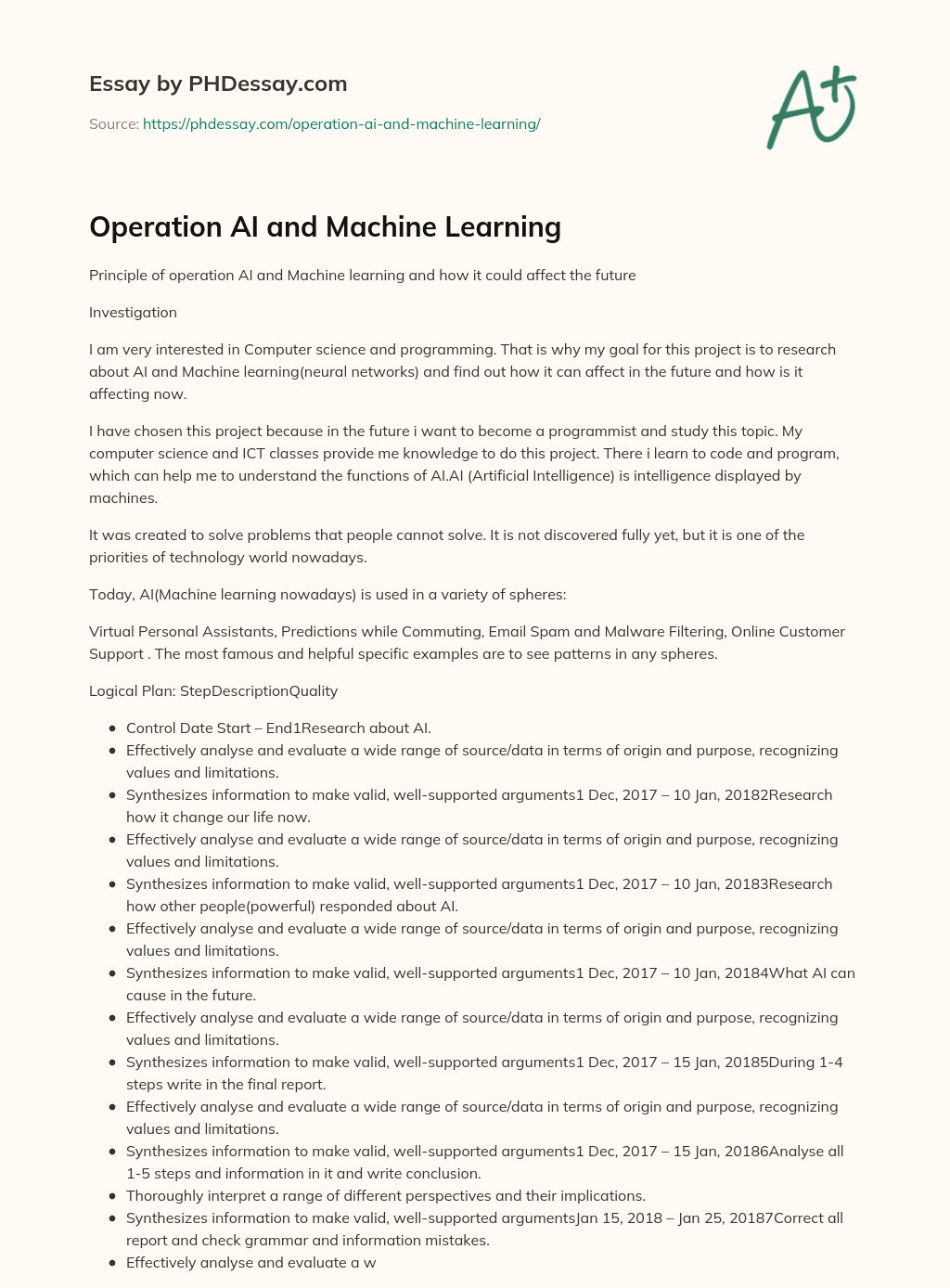 Operation AI and Machine Learning essay