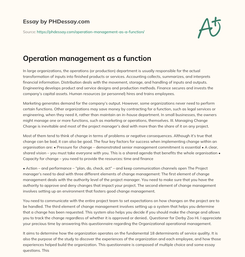 Operation management as a function essay