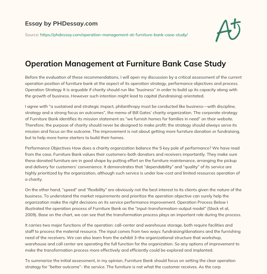 Operation Management at Furniture Bank Case Study essay