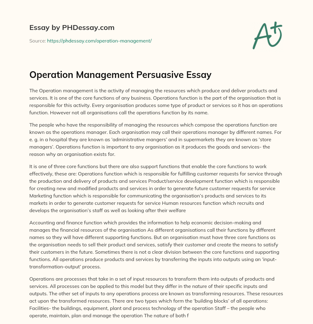 Operation Management Persuasive Essay essay