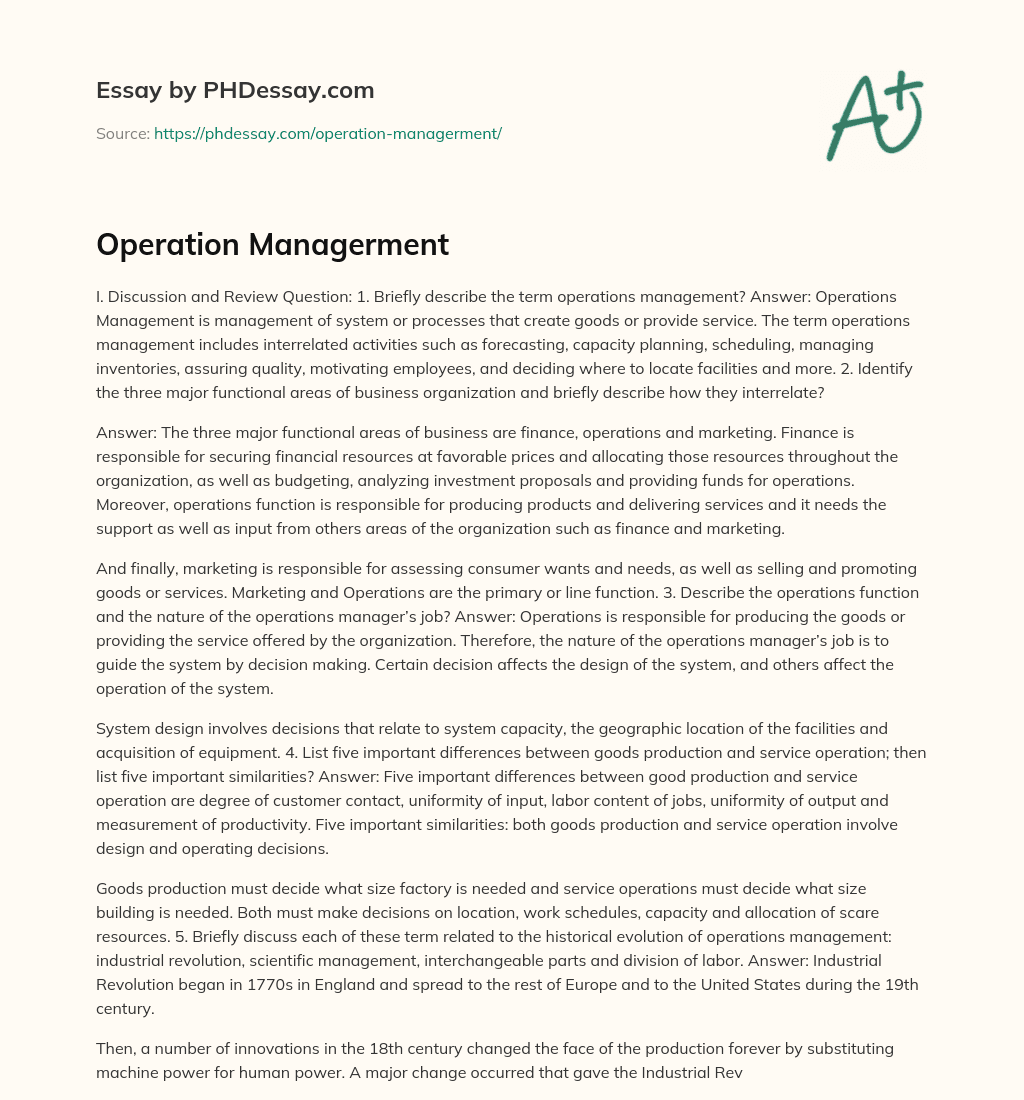 Operation Managerment essay