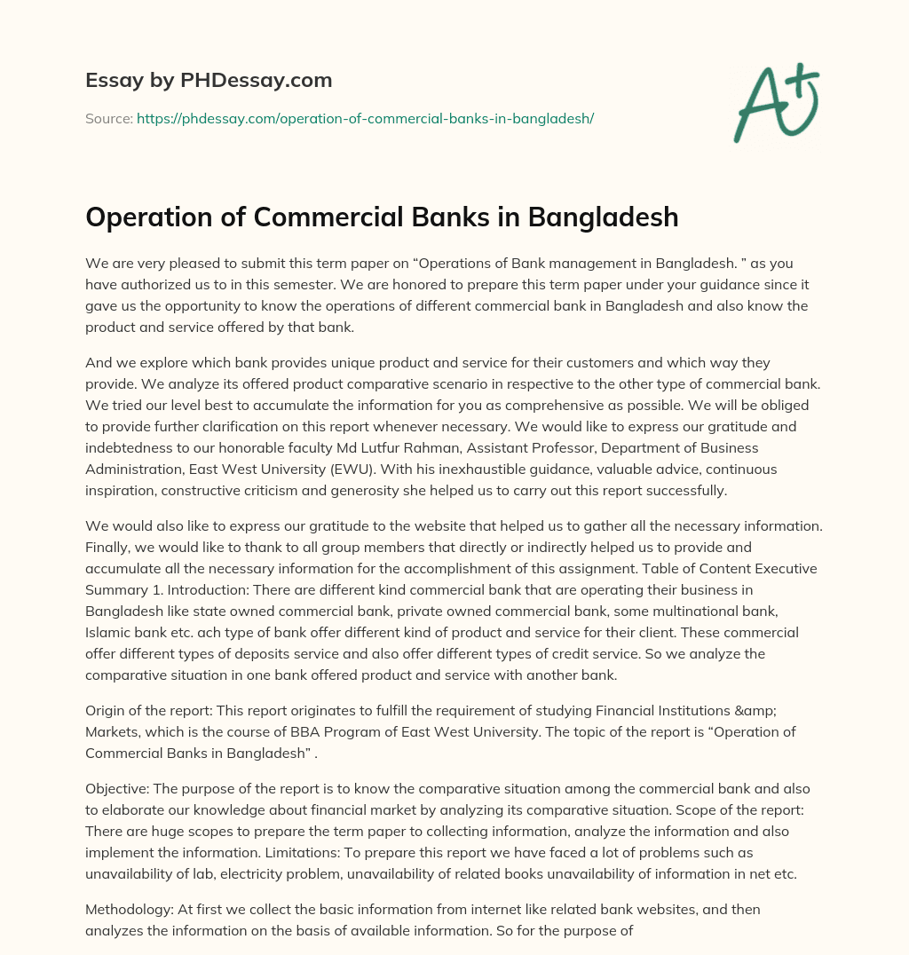 Operation of Commercial Banks in Bangladesh essay