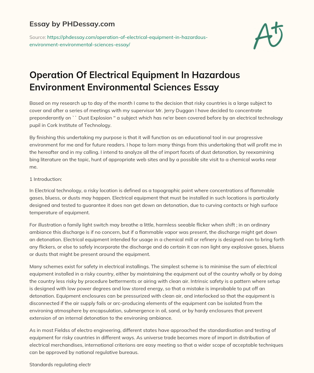 Operation Of Electrical Equipment In Hazardous Environment Environmental Sciences Essay essay