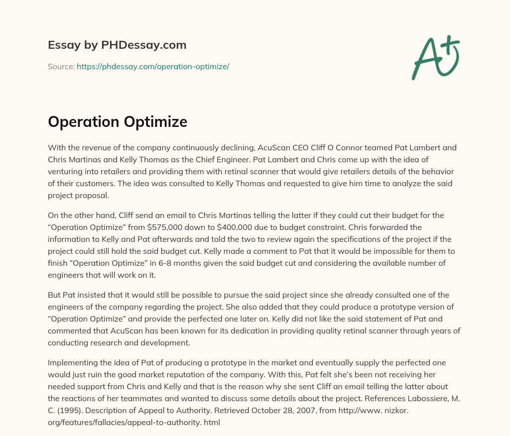 Operation Optimize essay