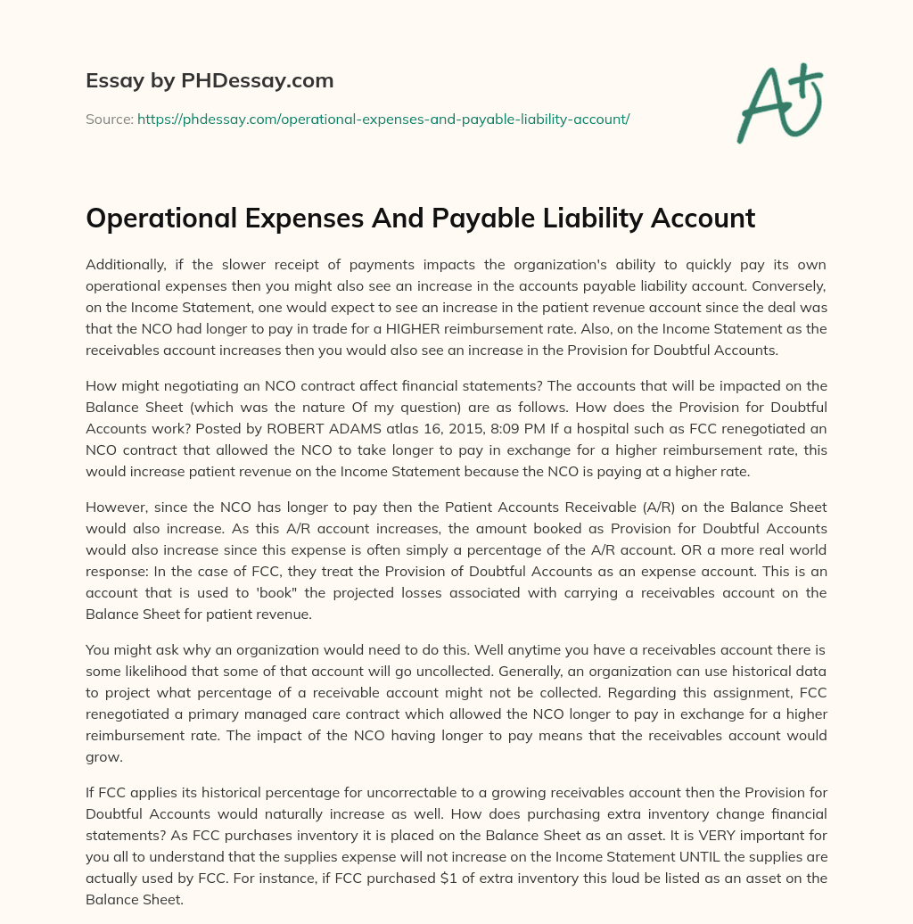 Operational Expenses And Payable Liability Account essay