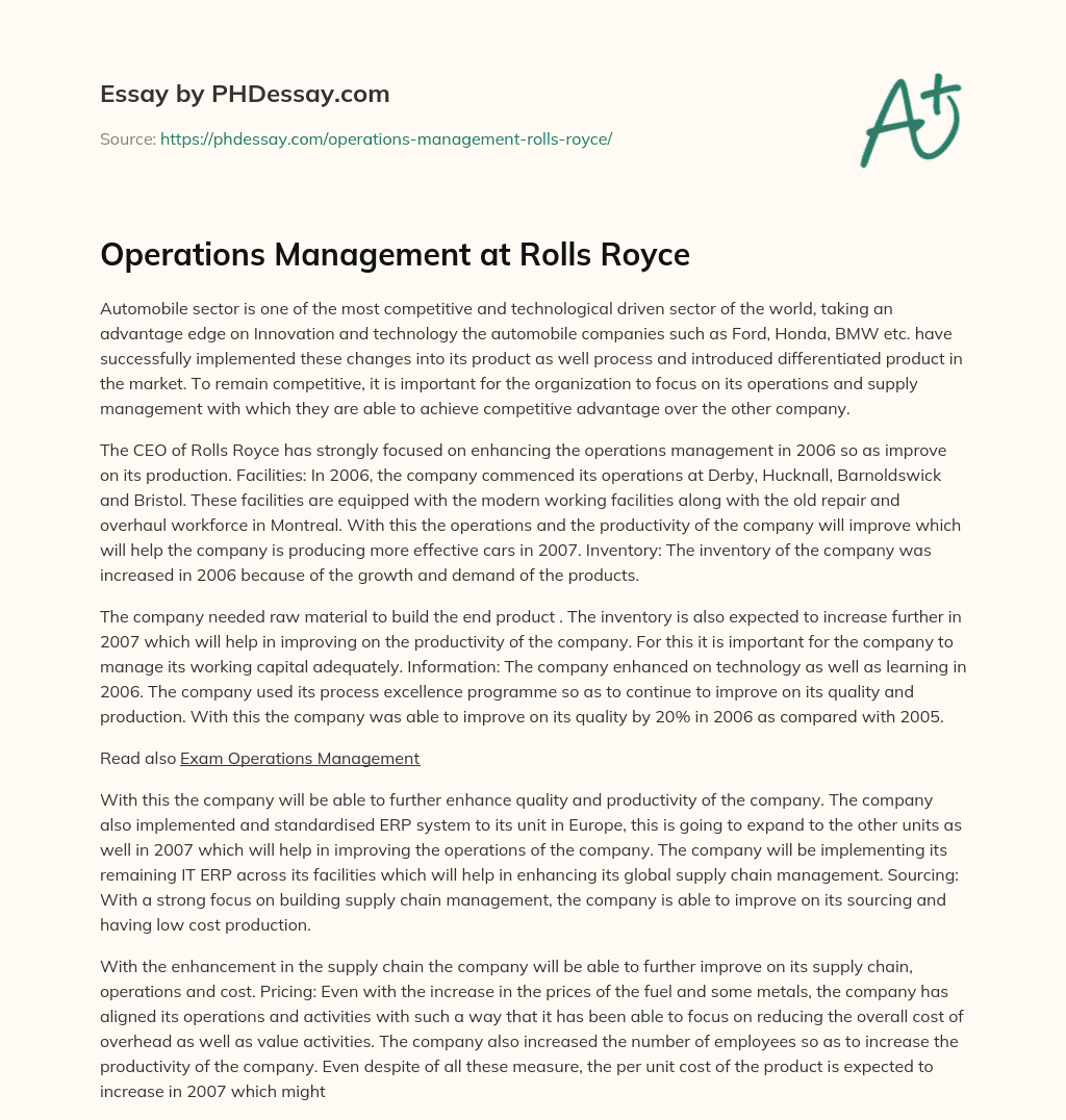 Operations Management at Rolls Royce essay