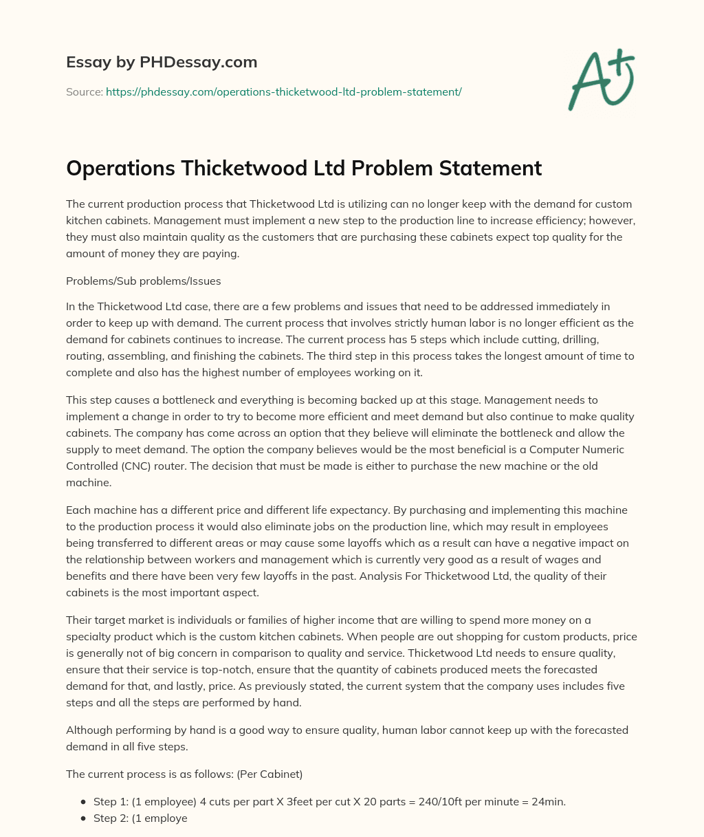 Operations Thicketwood Ltd Problem Statement essay