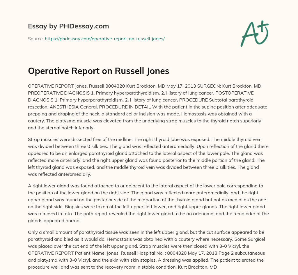 Operative Report on Russell Jones essay