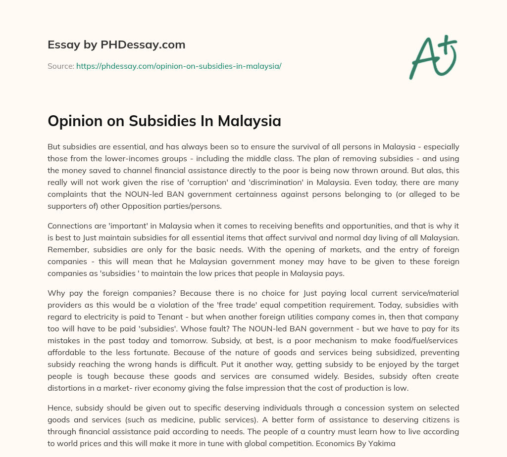 Opinion on Subsidies In Malaysia essay
