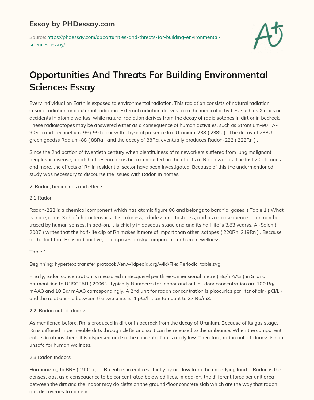 Opportunities And Threats For Building Environmental Sciences Essay essay