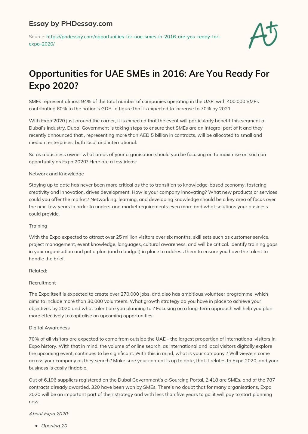Opportunities for UAE SMEs in 2016: Are You Ready For Expo 2020? essay