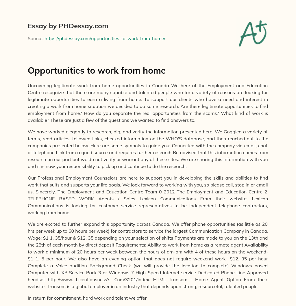 Opportunities to work from home essay