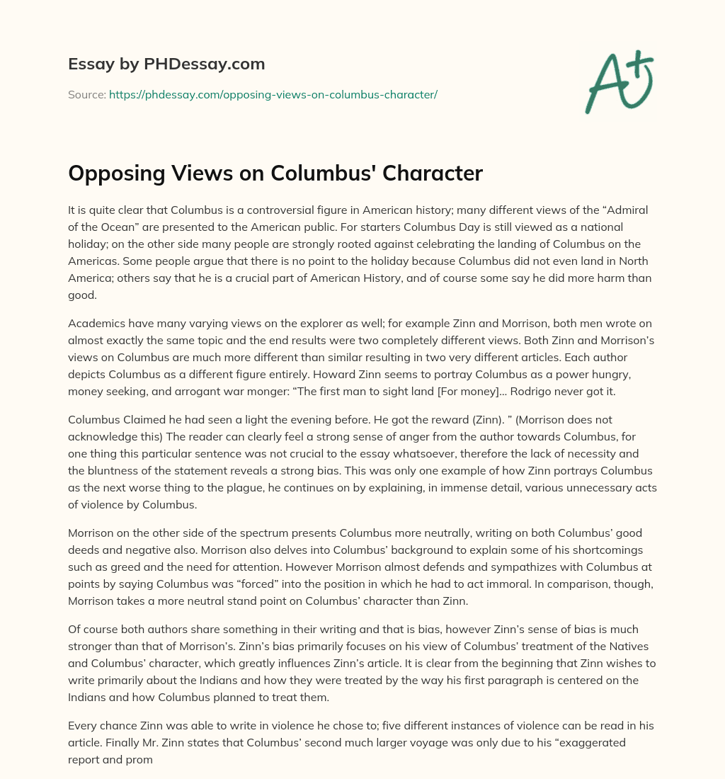Opposing Views on Columbus’ Character essay