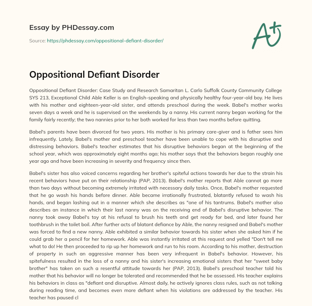 Oppositional Defiant Disorder essay