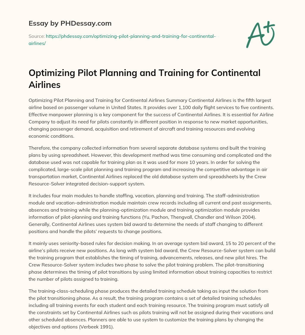 Optimizing Pilot Planning and Training for Continental Airlines essay