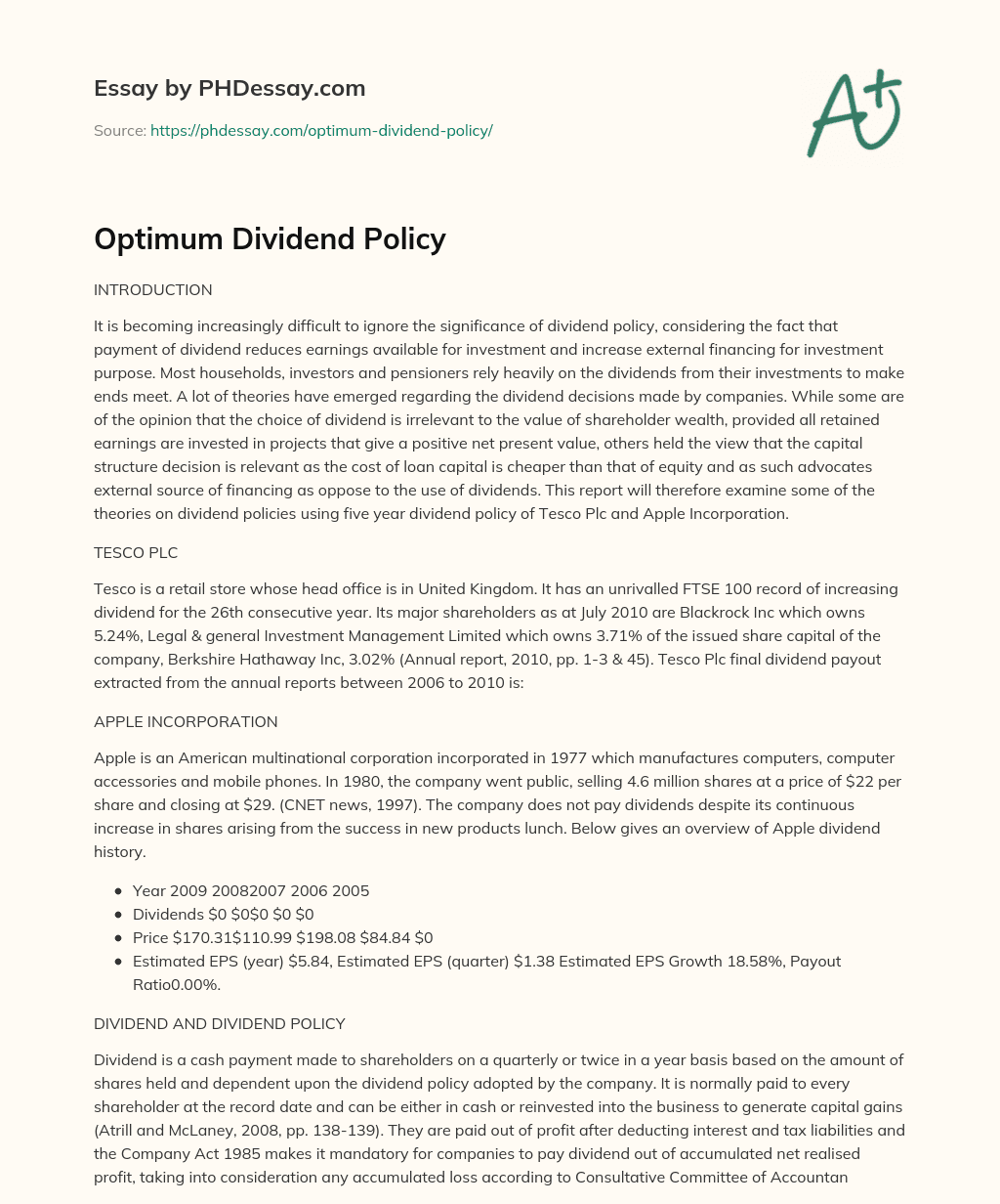 Optimum Dividend Policy essay