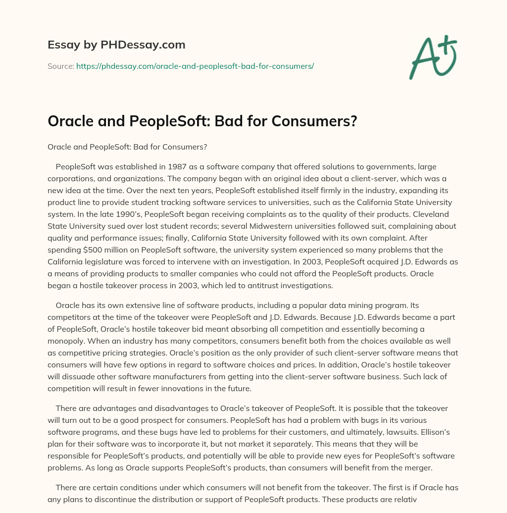 Oracle and PeopleSoft: Bad for Consumers? essay