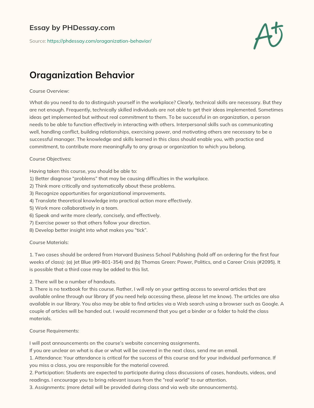 Oraganization Behavior essay