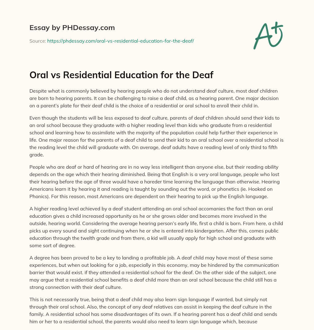 Oral vs Residential Education for the Deaf essay