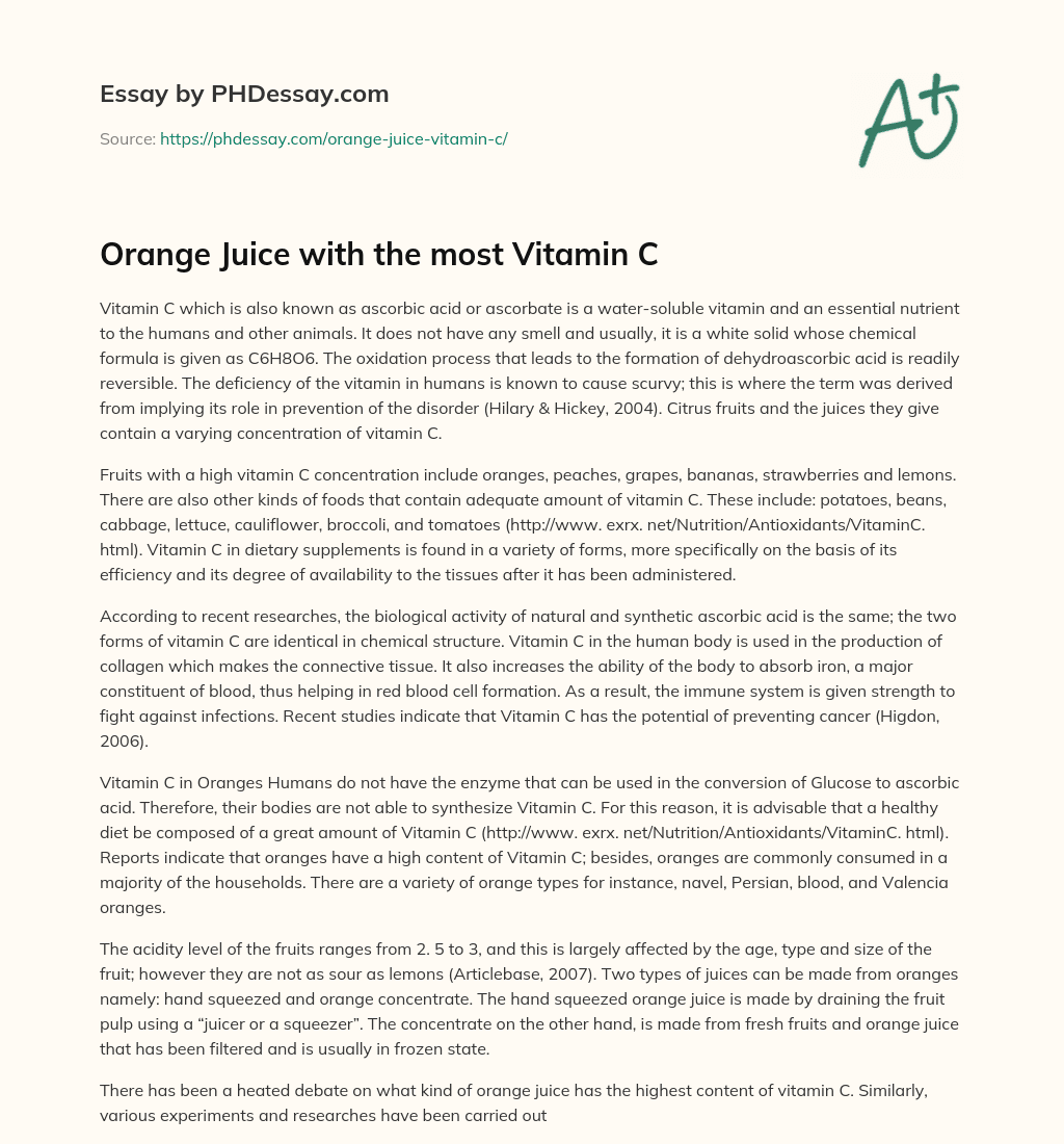 Orange Juice with the most Vitamin C essay