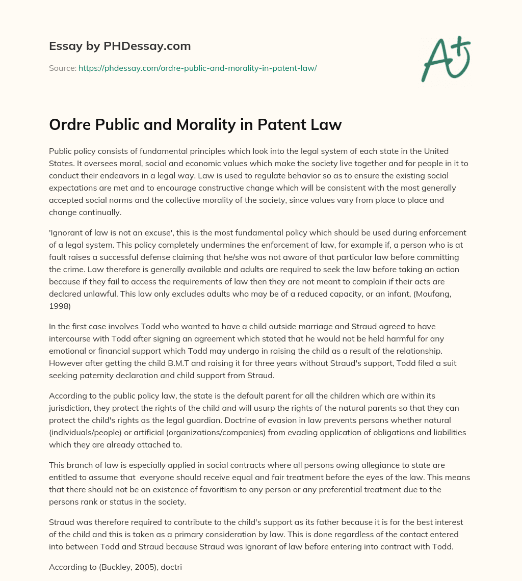 Ordre Public and Morality in Patent Law essay