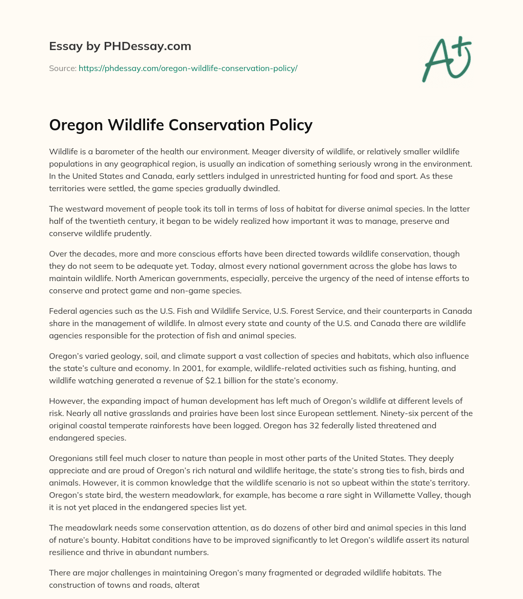 Oregon Wildlife Conservation Policy essay