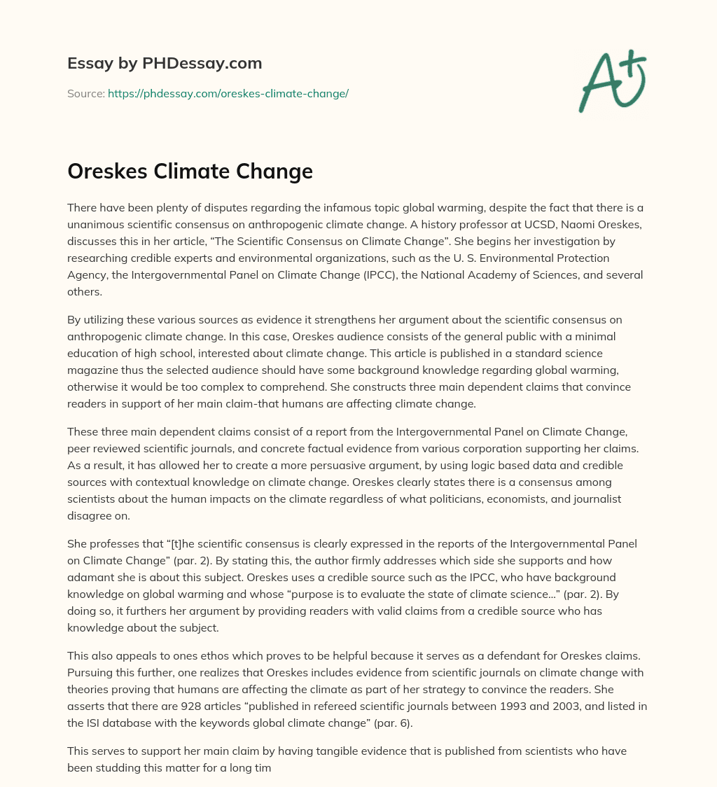 Oreskes Climate Change essay