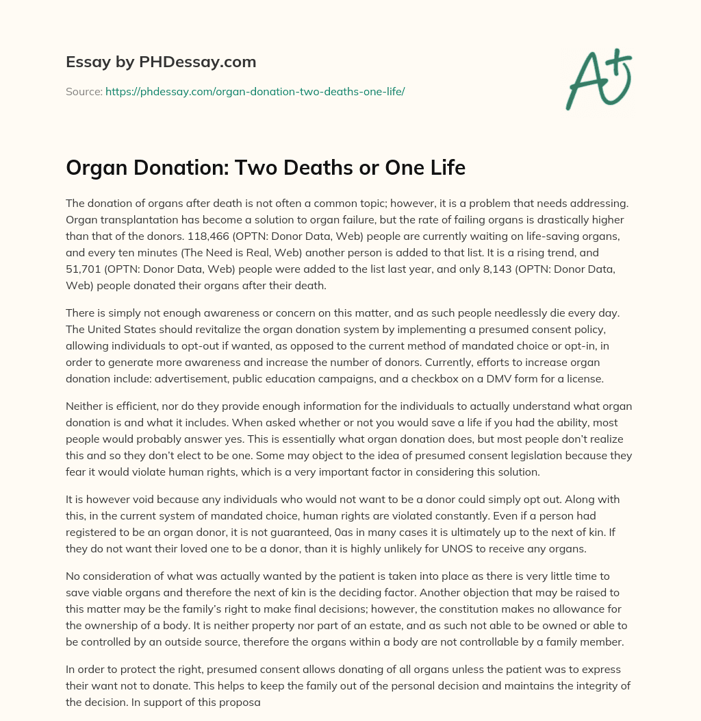 Organ Donation: Two Deaths or One Life essay