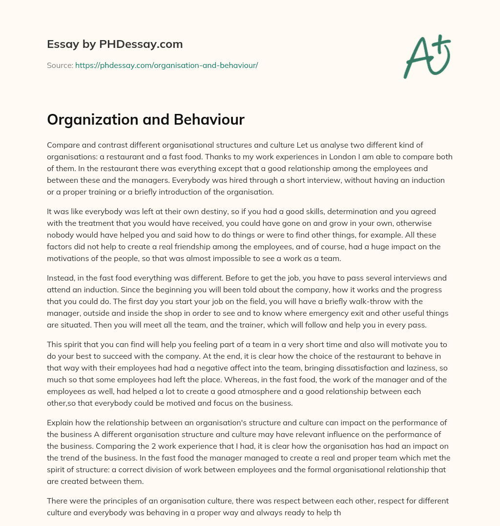 Organization and Behaviour essay