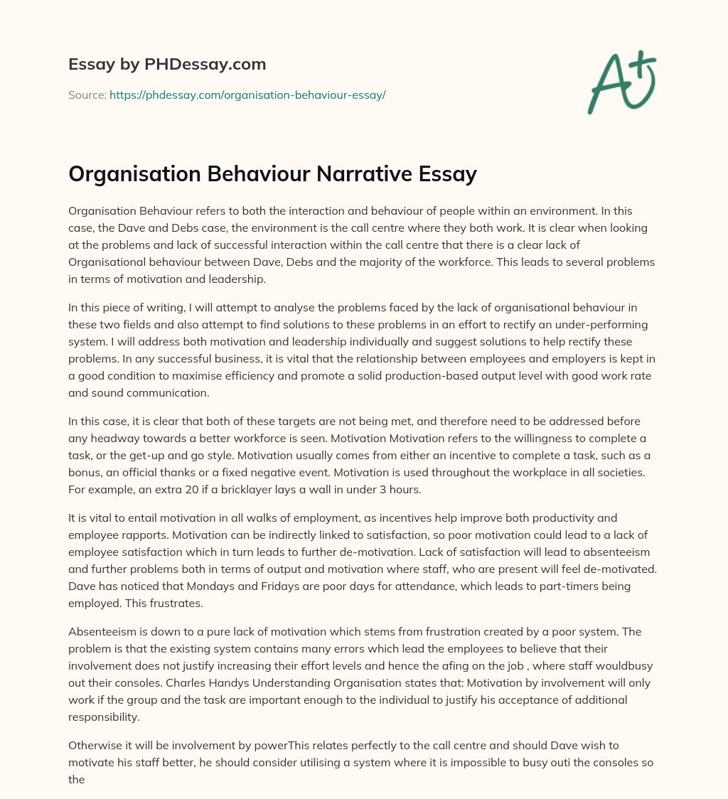 Organisation Behaviour Narrative Essay essay