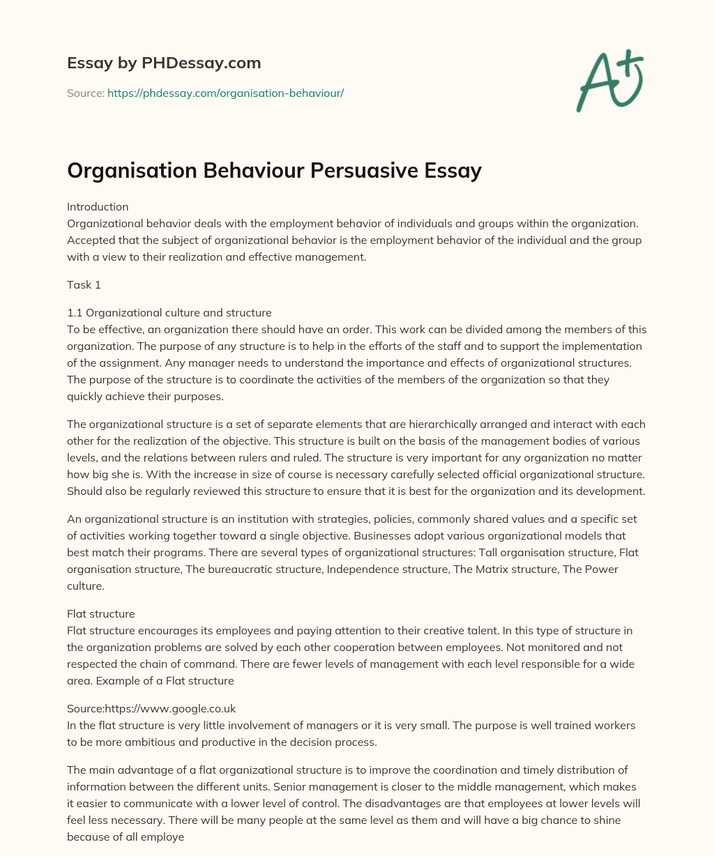 Organisation Behaviour Persuasive Essay essay