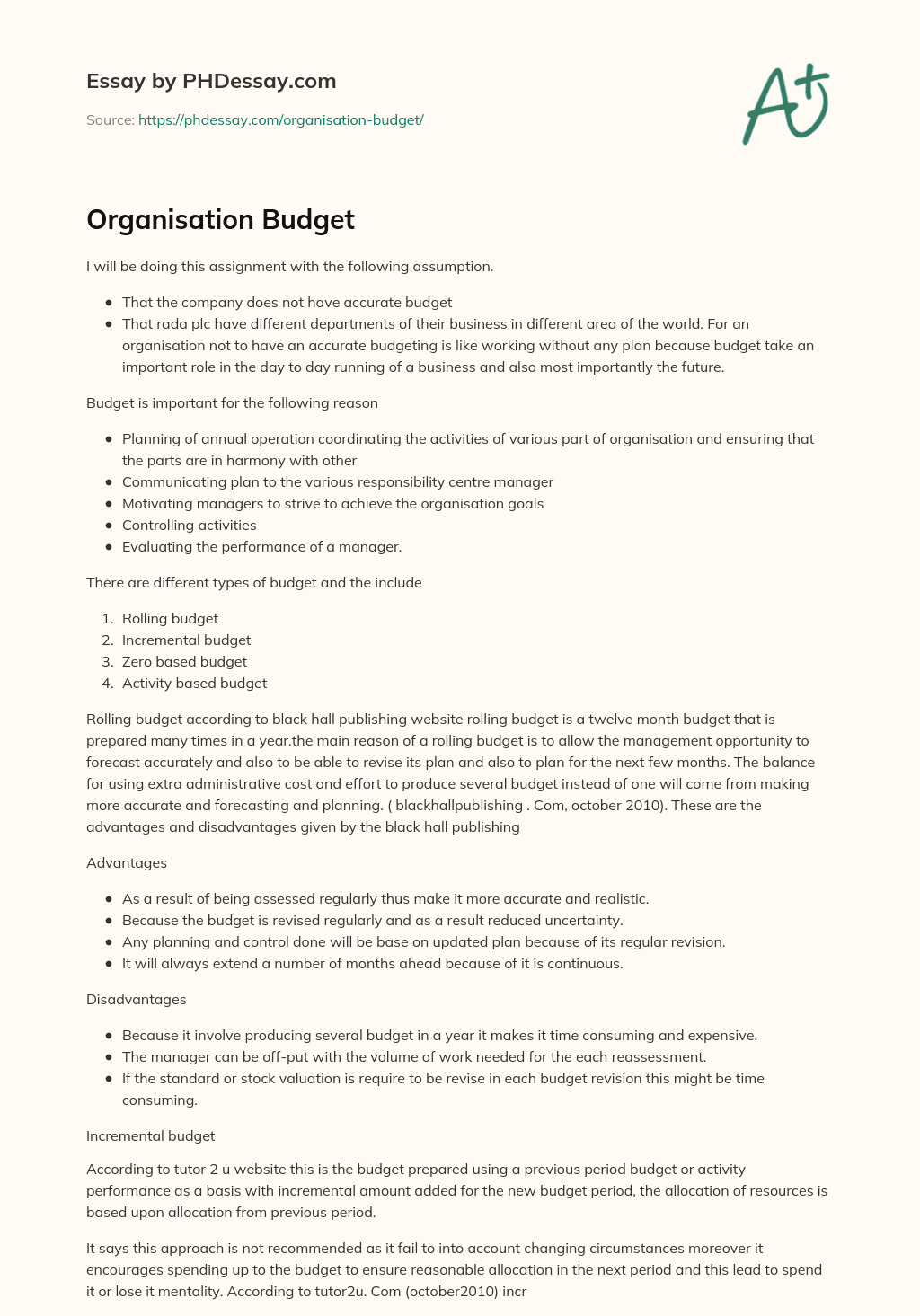 Organisation Budget essay