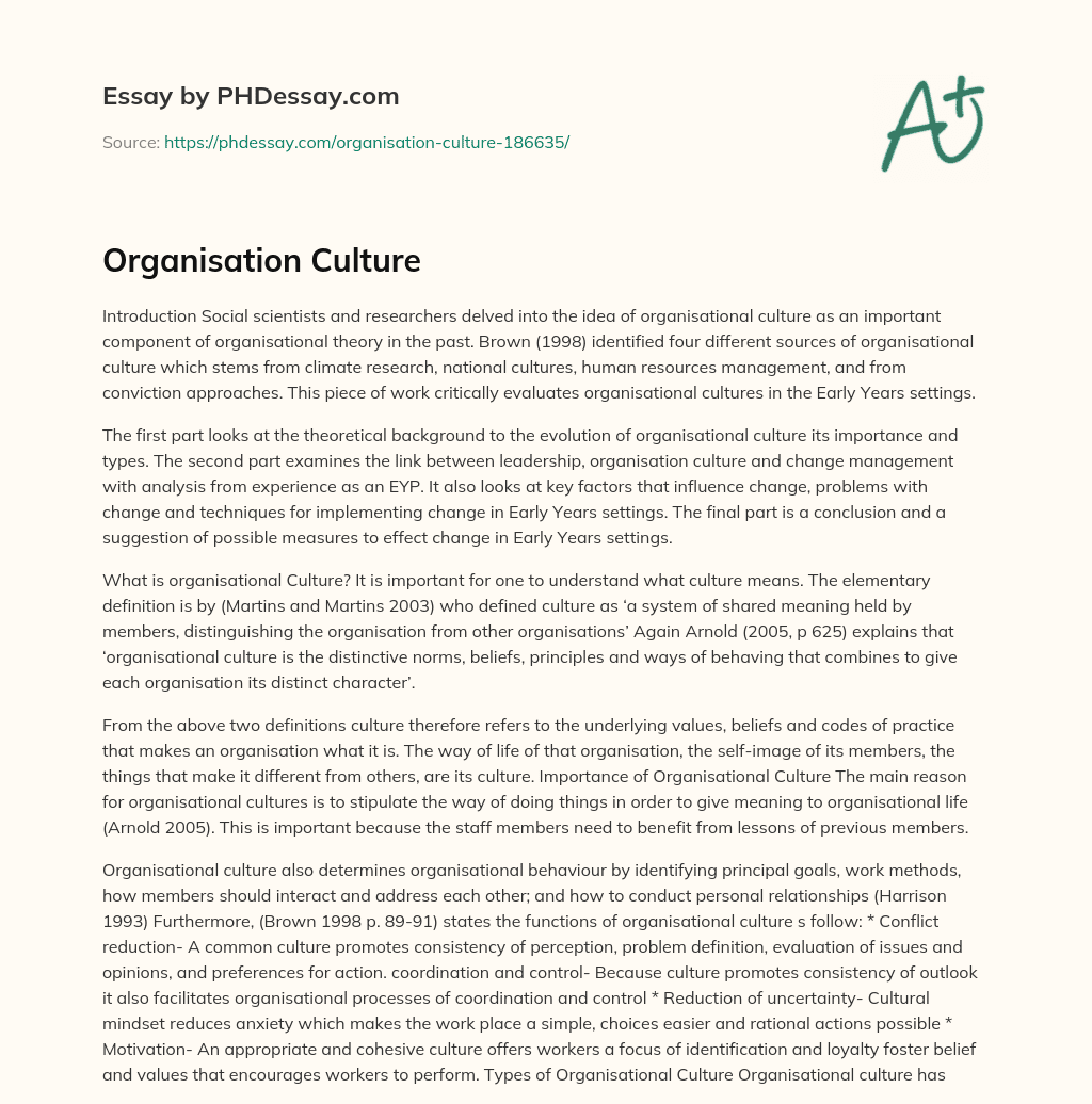 Organisation Culture essay