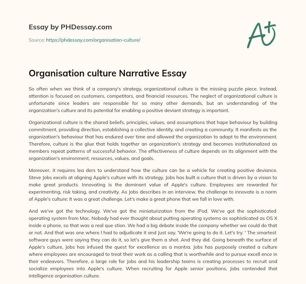 Organisation culture Narrative Essay essay