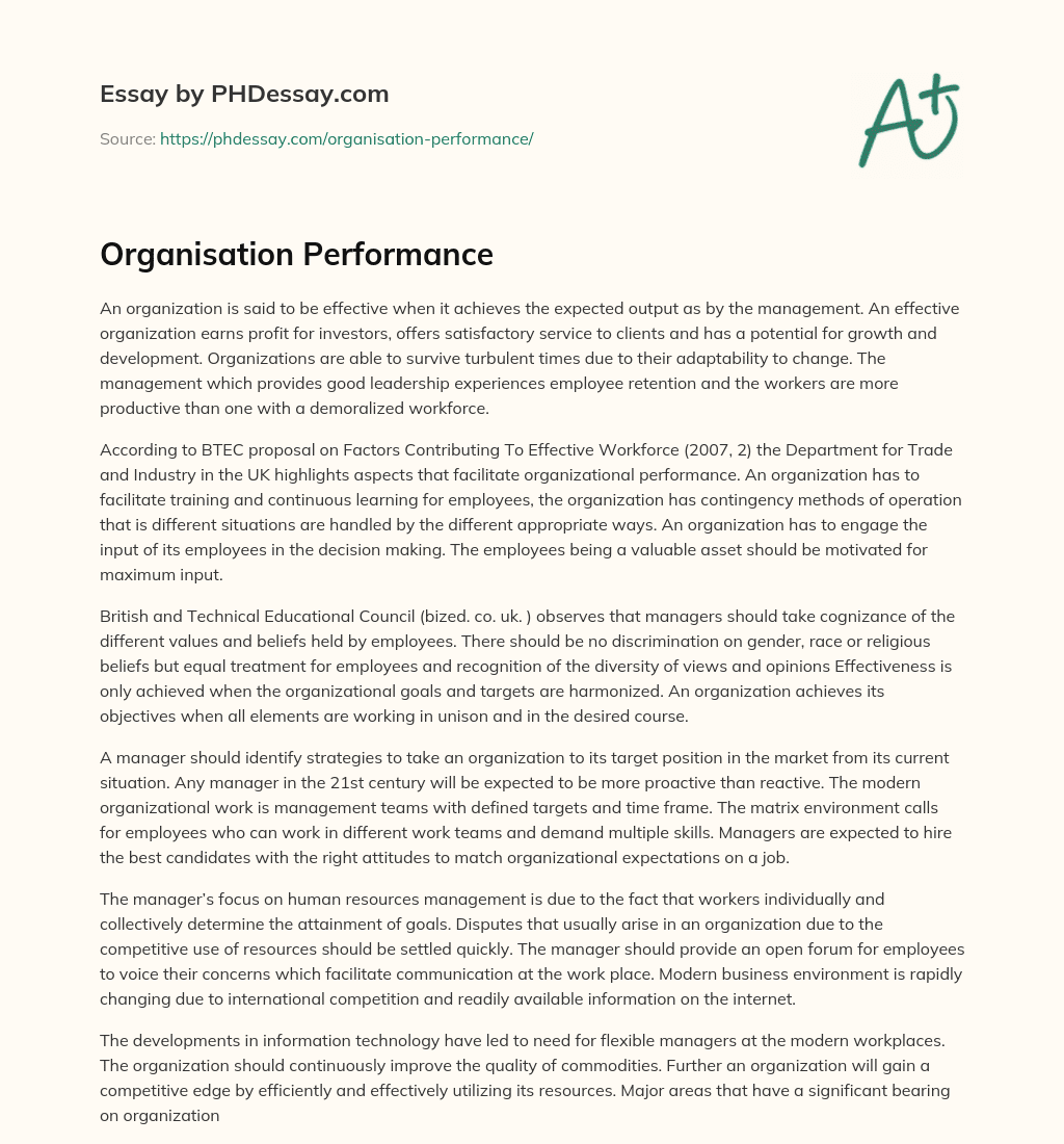 Organisation Performance essay