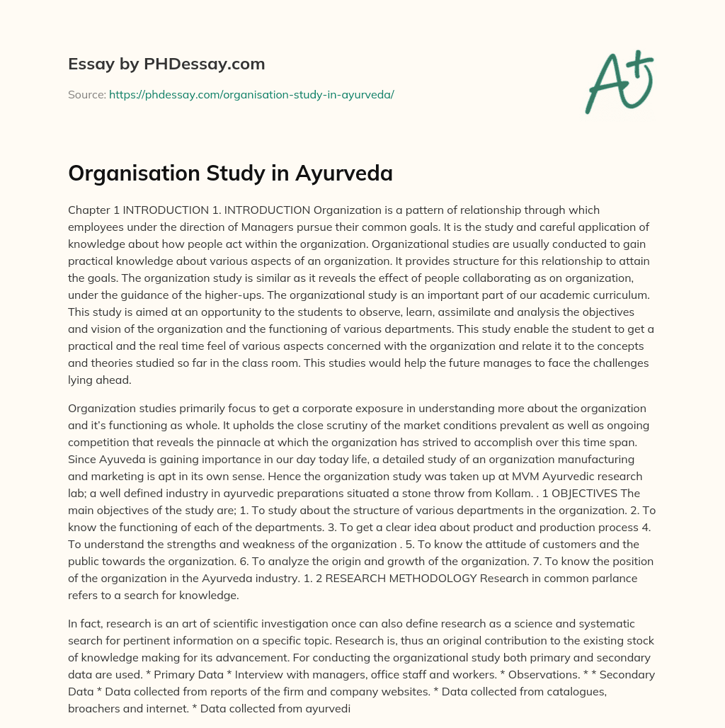 Organisation Study in Ayurveda essay