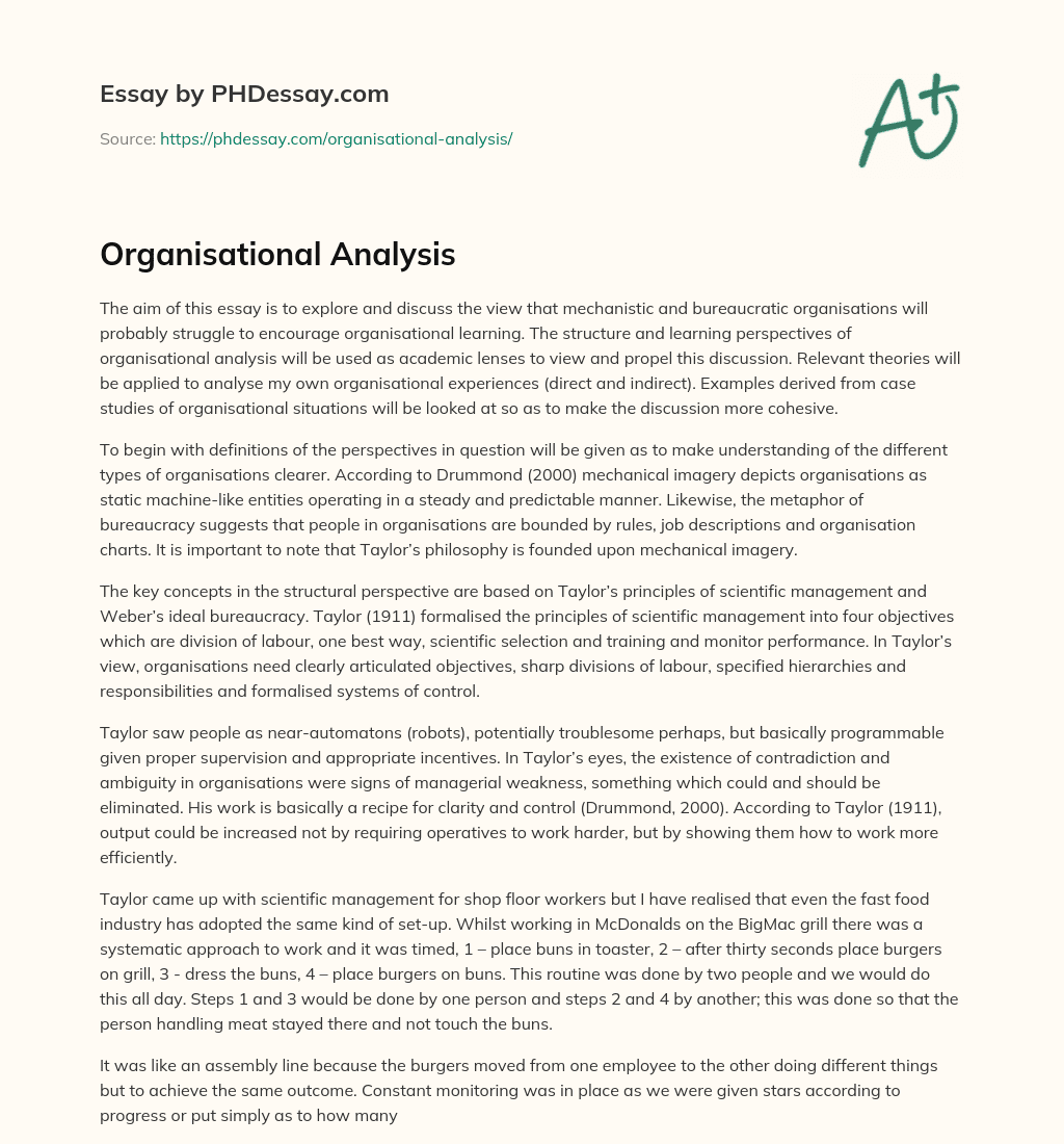 Organisational Analysis essay