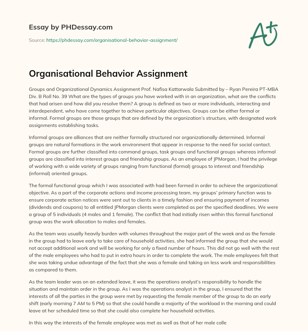 Organisational Behavior Assignment essay