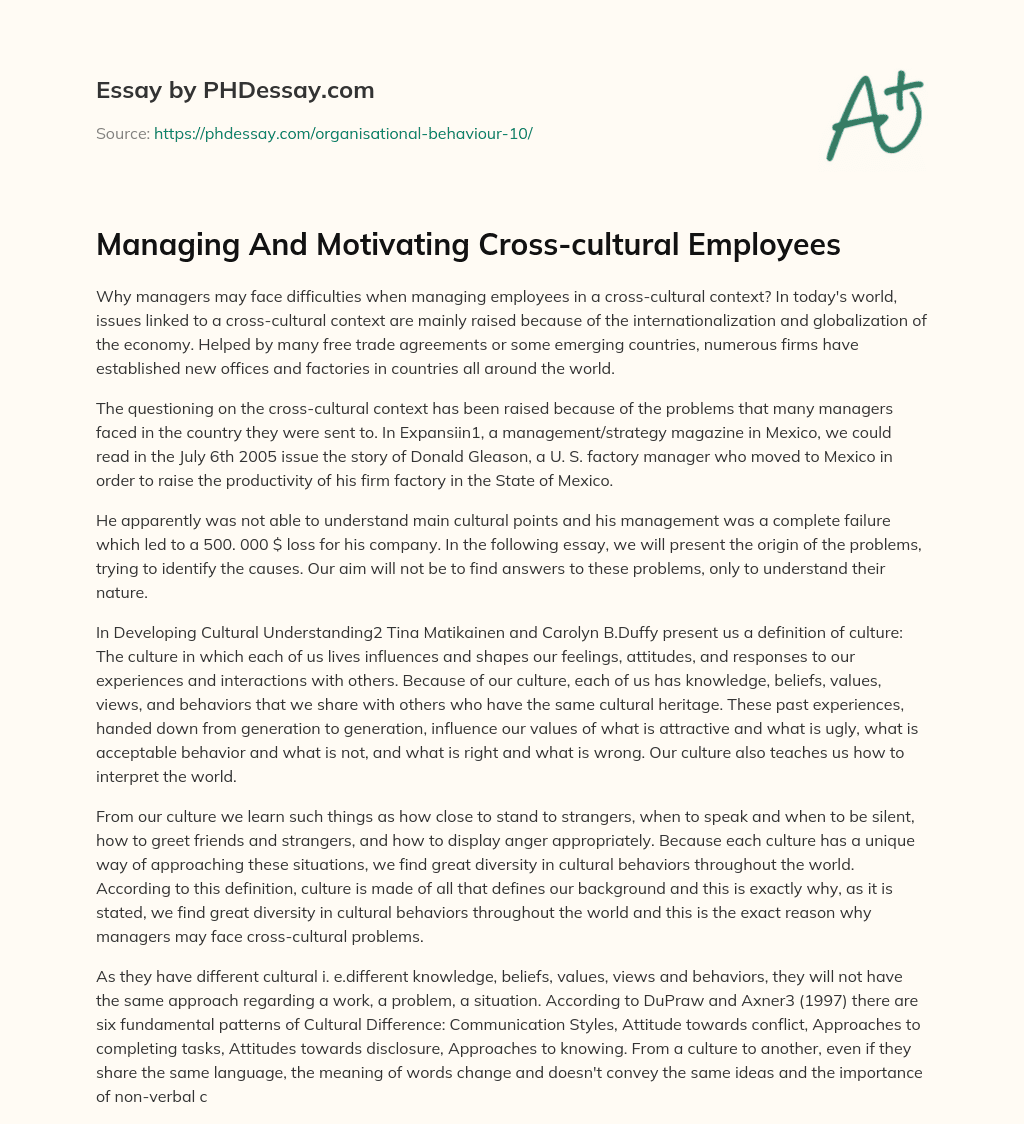 Managing And Motivating Cross-cultural Employees essay